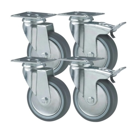4 x Koło skrętne bez hamulca 75 mm 60 kg szare ciche niebrudzące cynkowane
