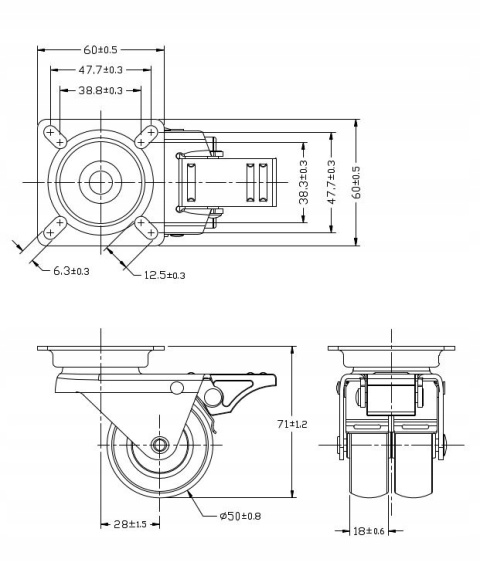 2 x KOŁO SKRETNE Z HAMULCEM 50 mm 70 kg TANDEM ZESTAW NIEBRUDZĄCE CIHCE MOCNE