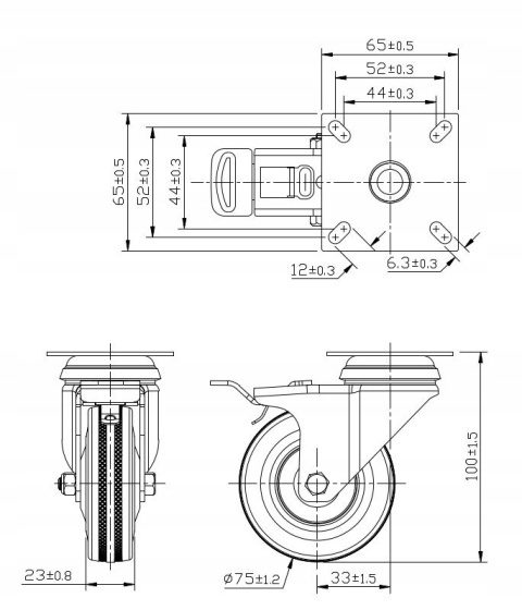 2 x KOŁO SKRĘTNE Z HAMULCEM 75 mm 60 kg OBROTOWE CICHE NIEBRUDZĄCE CYNKOWANE