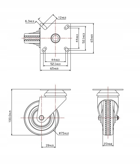 4 x Koło skrętne bez hamulca 75 mm 60 kg szare ciche niebrudzące cynkowane