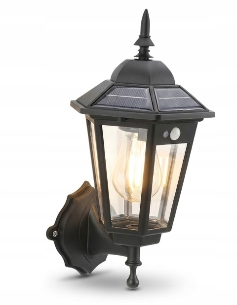 Lampa solarna retro kinkiet LED z czujnikiem ruchu CZARNA