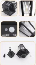 Lampa solarna retro kinkiet LED z czujnikiem ruchu CZARNA