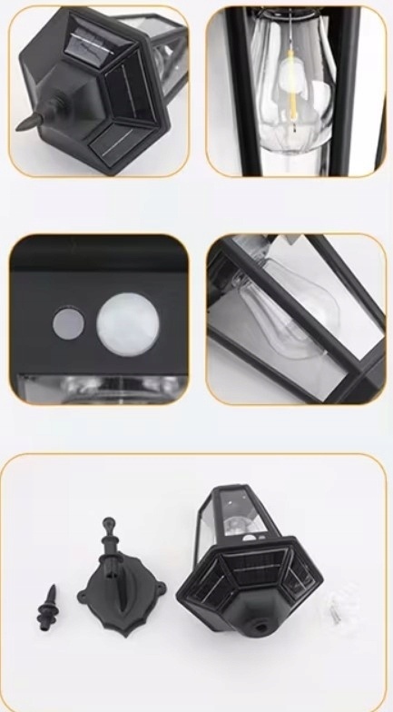 Lampa solarna retro kinkiet LED z czujnikiem ruchu CZARNA