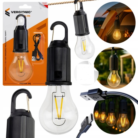 Lampa turystyczna żarówka USB-C Z Karabińczykiem OZDOBA KEMPING POD NAMIOT Lampa turystyczna żarówka USB-C Z Karabińczykiem OZDOBA KEMPING POD NAMIOT