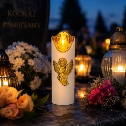 ŚWIECA LED OZDOBNA EFEKT PŁOMIENIA Z ANIOŁKIEM 17,5CM BIAŁA ZŁOTE DODATKI