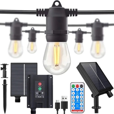 Girlanda ogrodowa solarna lampki xl ip44 20x żarówka led e27 zestaw 20m + pilot