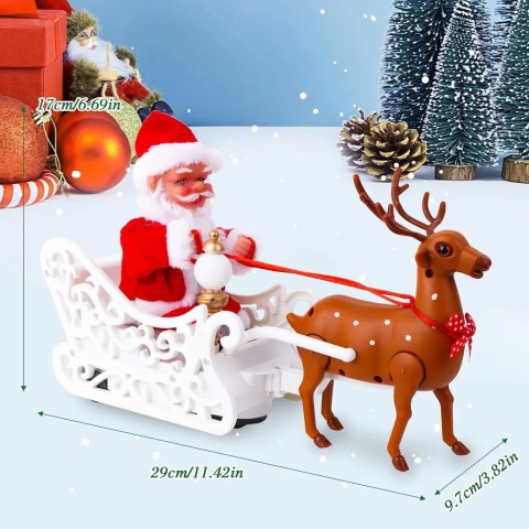 Mikołaj na saniach z reniferem ruchoma zabawka z melodyjką ozdoba świąteczna 30cm