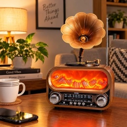 Retro Radio Kominek Vintage z Gramofonem Solar BT Drewno Złote USB MP3