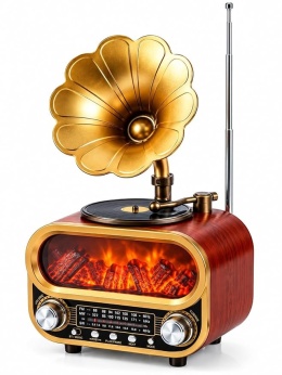 Retro Radio Kominek Vintage z Gramofonem Solar BT Drewno Złote USB MP3
